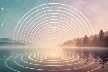 Abstract vibrant sound wave visualization with glowing and grid background.