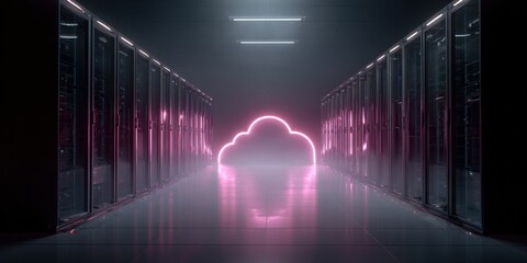 Data center with neon cloud symbol, server racks, hosting services and information technologies concept