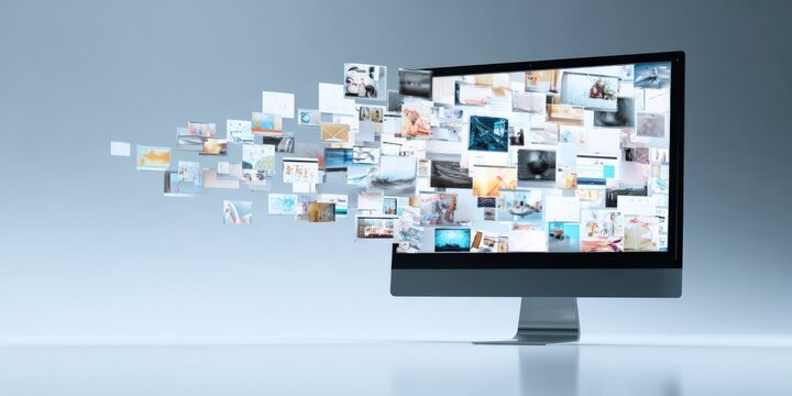 Streaming Digital Content: Computer Monitor Displaying Images, Representing Media Delivery, and Information Flow in a Modern Setting