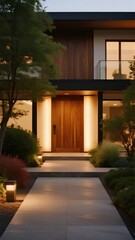 Fototapeta premium Modern Home Entrance with Illuminated Pathway and Landscaping