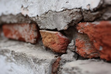 Fototapeta premium Rustic Architecture Close-Up: Textured Weathered Brick Wall in Urban Decay for Modern Industrial Background Design and Home Renovation