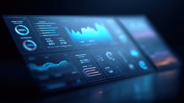 Futuristic Business Intelligence Dashboard Displaying Key Performance Indicators and Data Analytics for Strategic Decision-Making