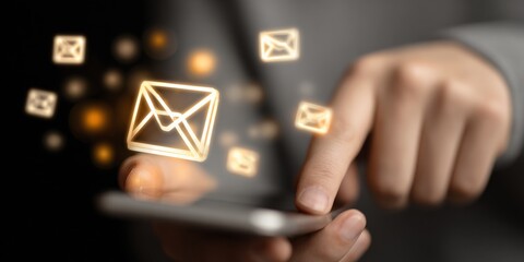 Man using smartphone with email icons, representing digital communication and modern technology for business and personal use