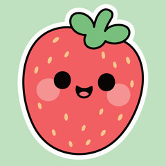 A cute cartoon strawberry with a happy smiling face and rosy cheeks, in a simple sticker style on a green background.