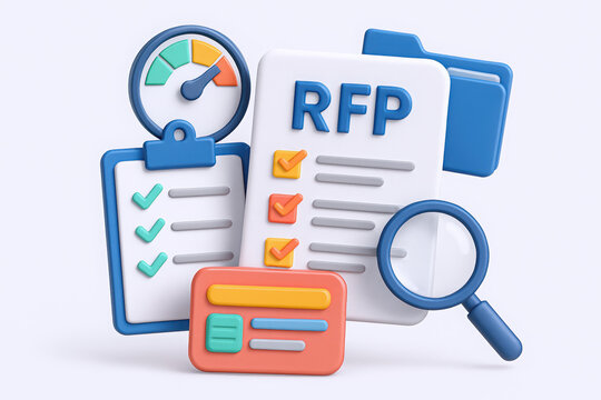 Colorful 3D illustrations of business documents related to RFP processes, showcasing efficiency.