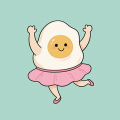 A cute and happy fried egg cartoon character wearing a pink tutu skirt and ballet shoes, dancing playfully.