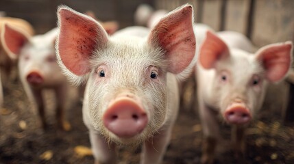 Generative AI, little pigs looking at the camera on a farm. High quality