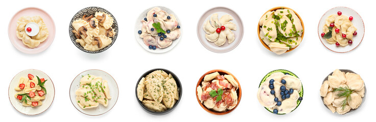Set of tasty dumplings on white background, top view