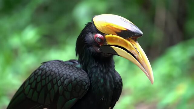 Close-up of a large hornbill bird with a distinctive yellow beak and casque in a natural green environment