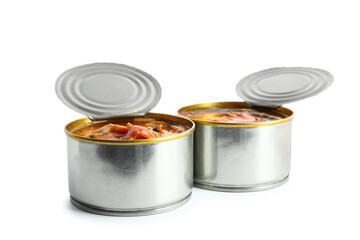 Opened tin cans with fish in tomato sauce isolated on white background