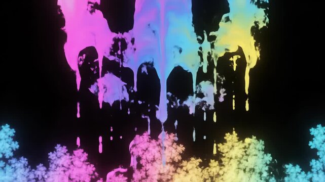 Abstract animated smiley face with vibrant rainbow colors melting effect on a black background. Surreal, artistic concept.