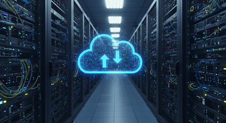 Digital cloud data transfer in a server room with glowing blue arrows symbolizing upload and download