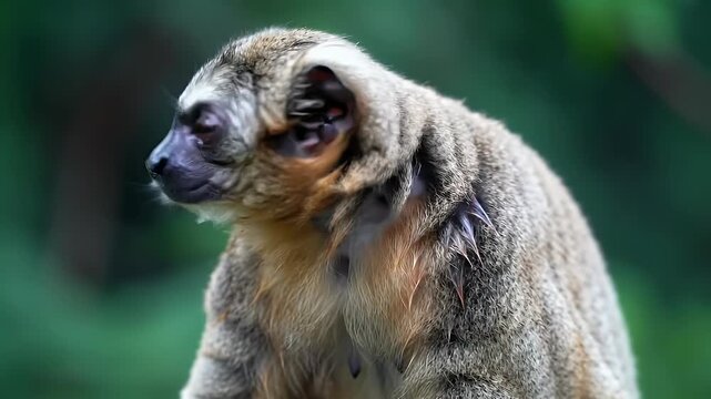 Titi monkey in profile, showcasing its unique fur and thoughtful expression in a natural setting.