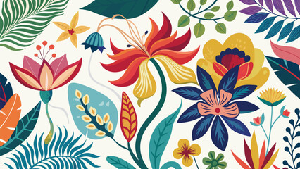 A collection of bright flowers and green leaves displayed on a white backdrop..eps