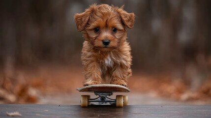 Adorable Puppy Skating on Skateboard in Autumn Park Setting