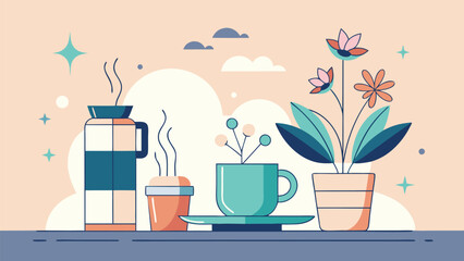 there-is-a-cup-of-coffee-and-a-vase-with-flowers.eps