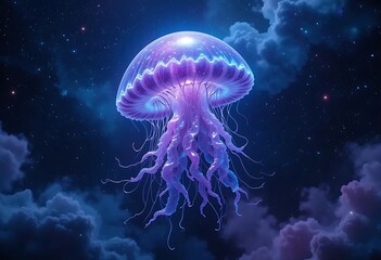 Naklejka premium Glowing jellyfish floating among cosmic clouds in a dreamy night sky
