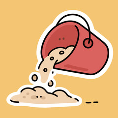 A red cartoon bucket pouring out a pile of sand onto the ground, in a simple and playful illustration for summer, beach, and childhood fun.