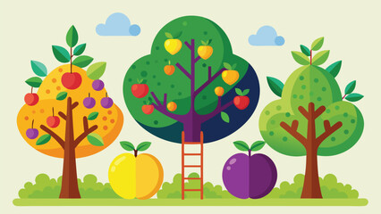 colorful fruit trees displaying various types of fruits, showcasing a vibrant array of colors and shapes..eps