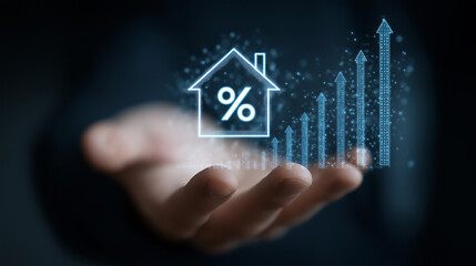 A hand presents a holographic projection of a house with a central percentage sign, accompanied by digital trails forming upward arrows and increasing bar segments, symbolizing the upward trajectory o