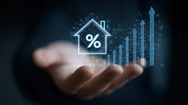 A hand presents a holographic projection of a house with a central percentage sign, accompanied by digital trails forming upward arrows and increasing bar segments, symbolizing the upward trajectory o