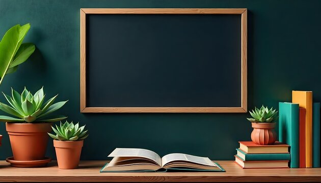 A blackboard with books and greenery on a wooden shelf, celebrating International Literacy Day and the joy of reading