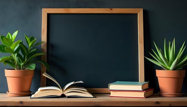 A blackboard surrounded by books and plants on a wooden shelf, highlighting themes of literacy and learning