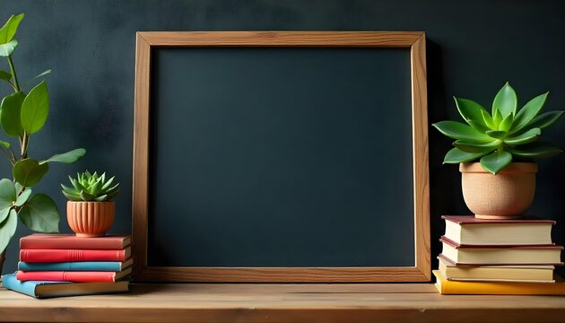 Wooden shelf with a blackboard, books, and plants, representing education and the spirit of International Literacy Day