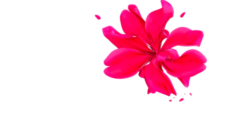Vibrant magenta abstract flower shape with scattered petal fragments, cut out transparent