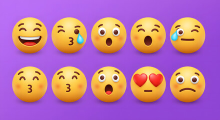 Naklejka premium A collection of 3D yellow emoticons with diverse facial expressions. Set includes happy, sad, love, and surprise emojis for social media and online communication.