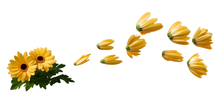 Bouquet of yellow daisy flowers with petals scattering in air, cut out transparent