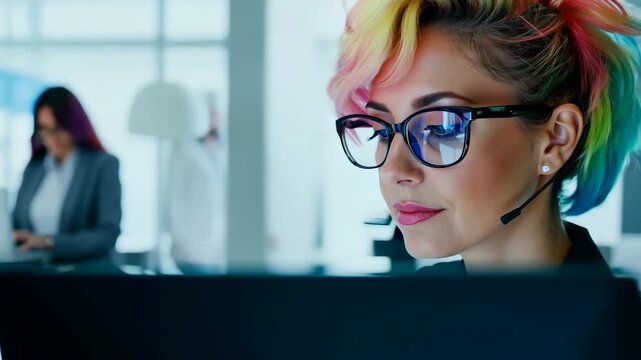 Young Caucasian woman with multi colored dread locks in front of laptop monitor in office. She types notes quickly, her multicolored dreadlocks contrasting with the sleek office decor.
