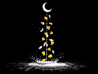 Moon Water Splash Lemon Slice Art Dark Background Restaurant Presentation Photography Design Elements Contrast Unique Aesthetic Fluidity Fantasy Milk Fountain Decor Smooth Motion
