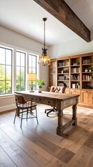 Rustic home office with large windows