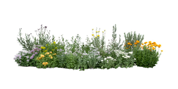 Mixed Garden Bed with Yellow, Orange and White Flowers, cut out transparent