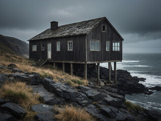 An old weathered wooden house on a coastal cliff, dark rocky foreground framing the view, grey waves under a pale desaturated sky, drizzle creating a veil, faint light grazing the