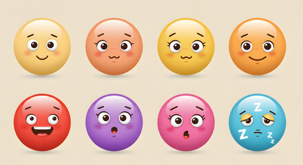 Fototapeta premium A diverse collection of cute cartoon emoticon characters with various facial expressions, showcasing a wide range of emotions.
