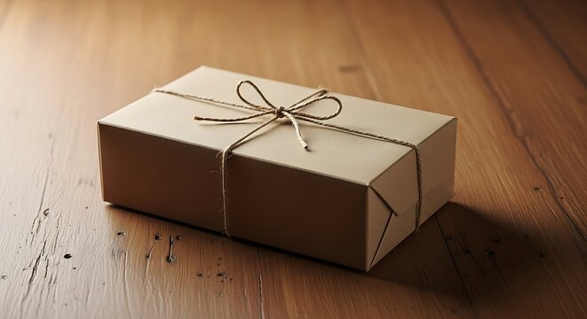 A neatly packaged gift box tied with twine on a rustic wooden surface