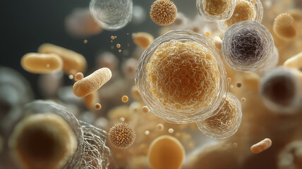 Abstract Microscopic Organisms Floating in Fluid Science Concept Illustration