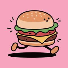 A cute cartoon hamburger with a happy face and legs, running and smiling on a pink background, representing fast food and playful motion.