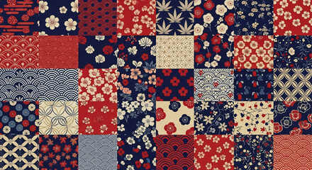 Elegant patchwork collage of traditional Japanese textile patterns featuring floral and geometric motifs in red, white, and blue.