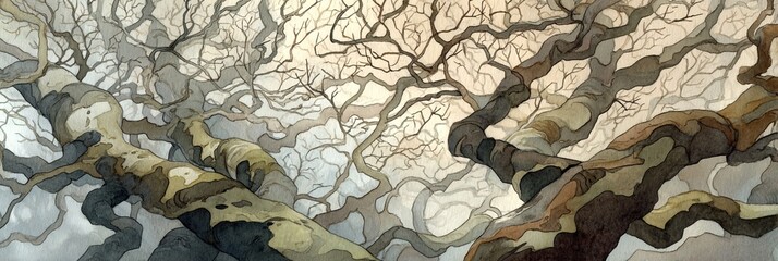 OLHAR PARA CIMA: DOSSEL SOMBRIO COM GALHOS NUS ENTRELAÇADOS