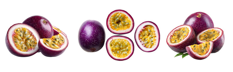 A close up of passion fruit with purple skin and yellow pulp isolated on a white background in a studio shot
