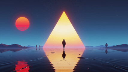 Minimalist surreal landscape featuring a person silhouette walking on a reflective surface