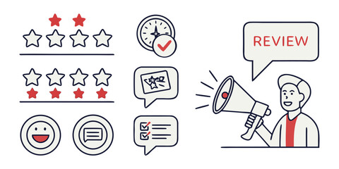 Review  set icons. Containing feedback, rating, testimonial, satisfaction, comment, opinion, like, customer, recommend and more. Solid vector icons col.