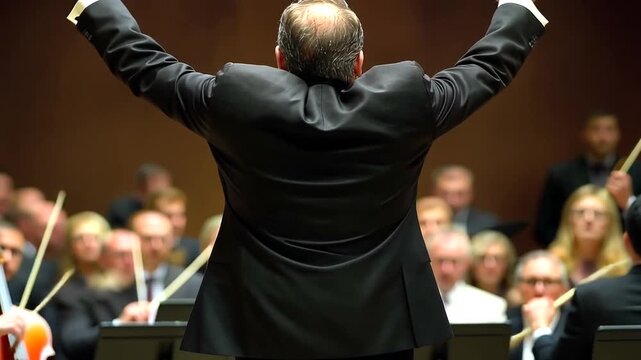 Back View of Orchestra Conductor Directing a Performance with Passion and Flair