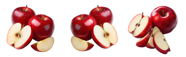 A series of three images showcasing arrangements of shiny red apples with slices on a white background