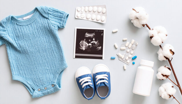 Expecting a baby boy: Preparation for childbirth, celebrating the arrival of a newborn with a touching ensemble, featuring baby clothes and ultrasound