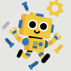 A cute cartoon robot with a happy face, surrounded by floating screws and a gear, in a playful flat illustration representing technology and mechanics.