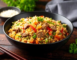 Delicious stir-fried rice with beef and vegetables